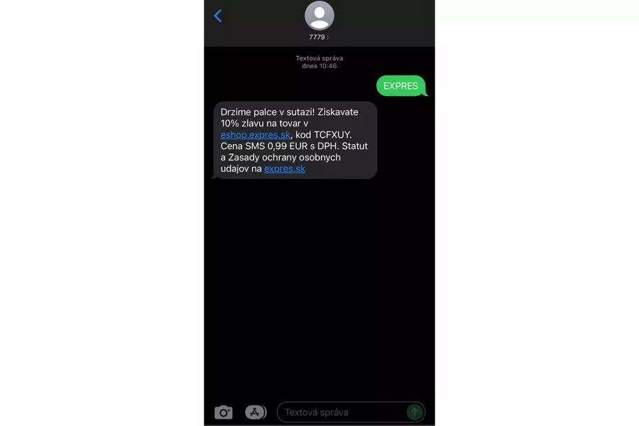 Expres heslo a tvar sms, ktorá je potrebná k výhre