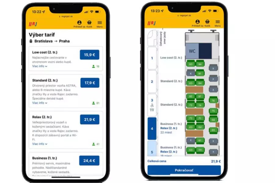 Nákup lístka na vlak cez regiojet si môžete vybrať rôzne triedy vlaku