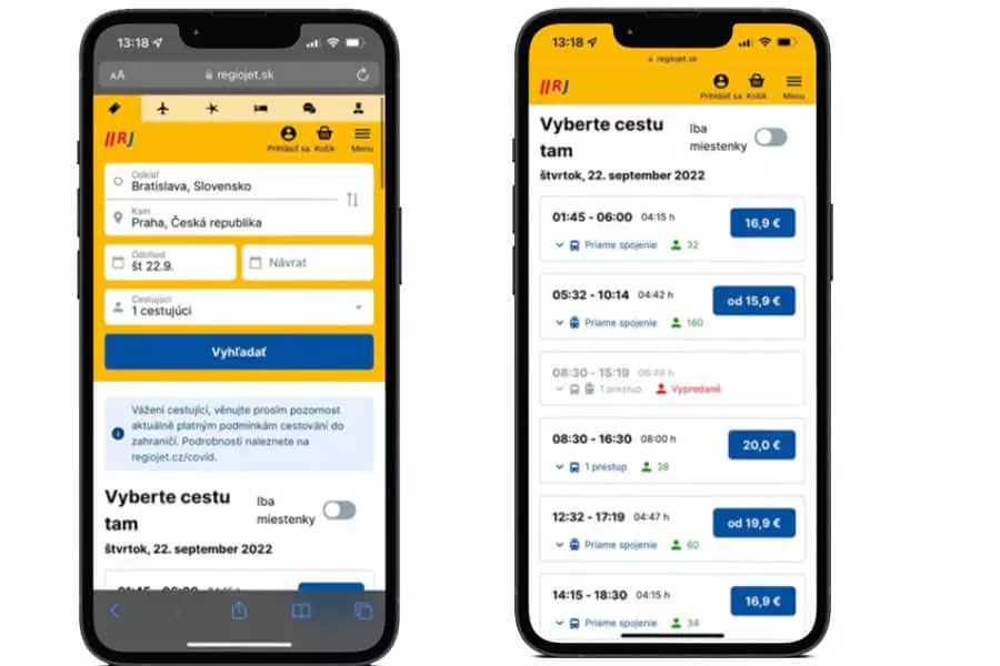 Nákup lístka na vlak Regiojet