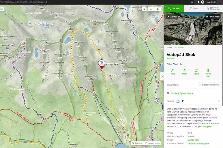 vodopád Skok turistická mapa