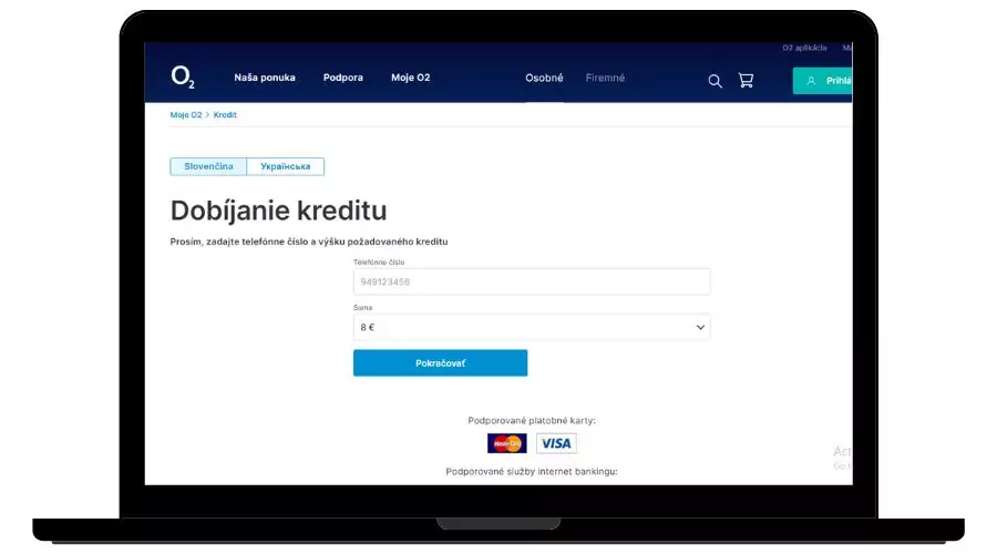 Dobíjanie kreditu O2 cez internet